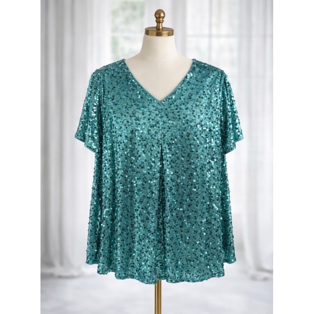 Roaman's Popover Party Top All Over Sequin‎ Green Lightweight Flowy Size 22W